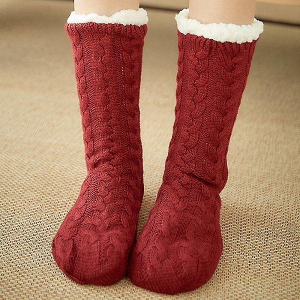 womens Winter Fleece Floor Socks Cable Thick Anti Slip Thermal Warm Wine Red