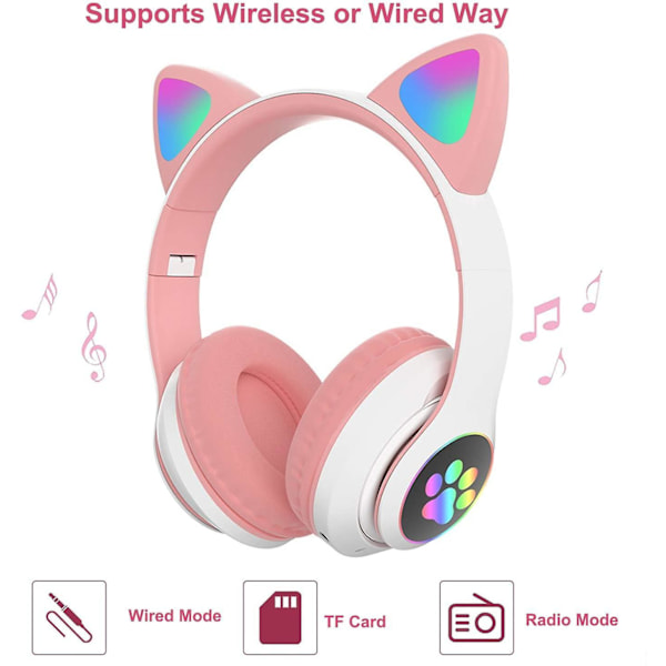 Bluetooth 5.0 Children Cat Ear Led Glowing Wireless Headset Noise Reduction Headset Pink