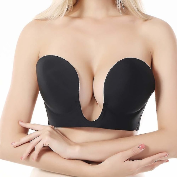 Strapless Bra Backless Push Up Self Adhesive Bra Invisible U Plunge Stick On Bra Black D Cup