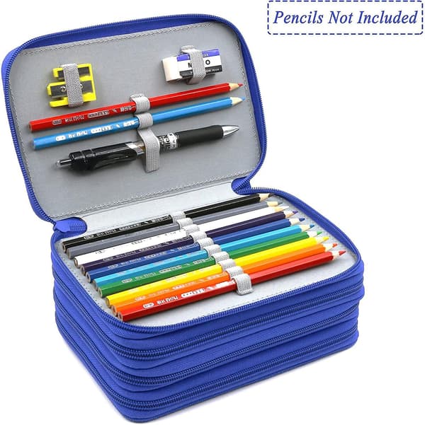 72 Slots 4-layer Zipper Pencil Case With Handle Strap, Oxford Fabric blue