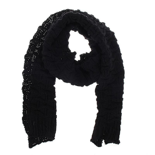 women Winter Chunky Knitted Pom Bobble Beanie Hat Scarf Set Ski Cap Warm Black