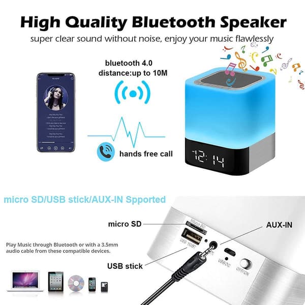 Bedside Lamp With Alarm Clock Bluetooth Speaker Night Light Dimmable Rgb Color Changing Led Wireless Speaker Mood Light