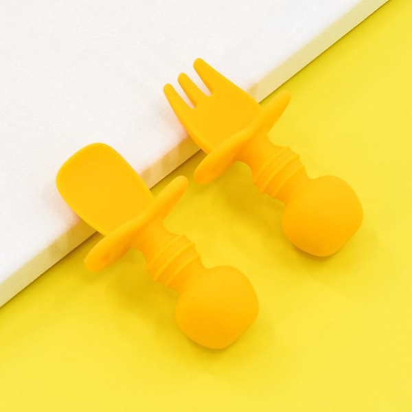 Silicone Spoon Fork Set Baby Self Feeding Utensils Practical Infant Training Gray