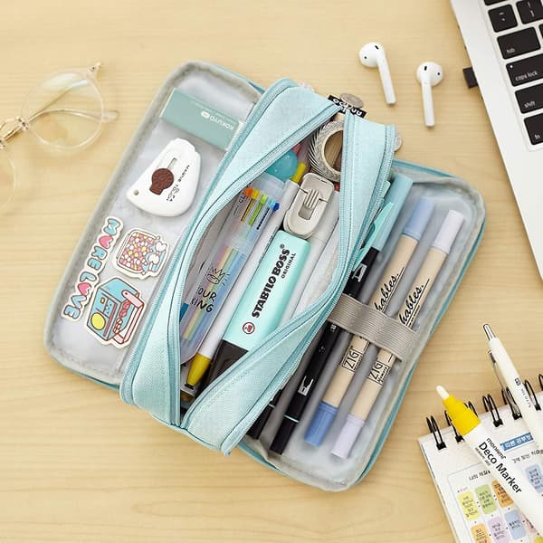Large Pencil Case Big Capacity 3 Compartments Canvas Pencil Pouch For Students blue