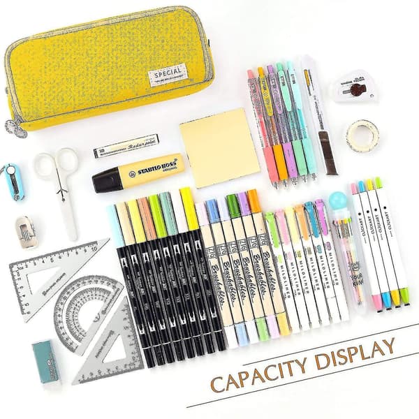 Large Pencil Case Big Capacity 3 Compartments Canvas Pencil Pouch For Students yellow