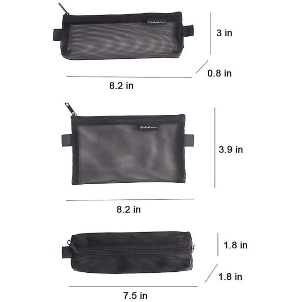 3pcs Multifunctional Mesh Pen Bag Pencil Case Makeup Tool Bag Storage Pouch Purse Mix-black