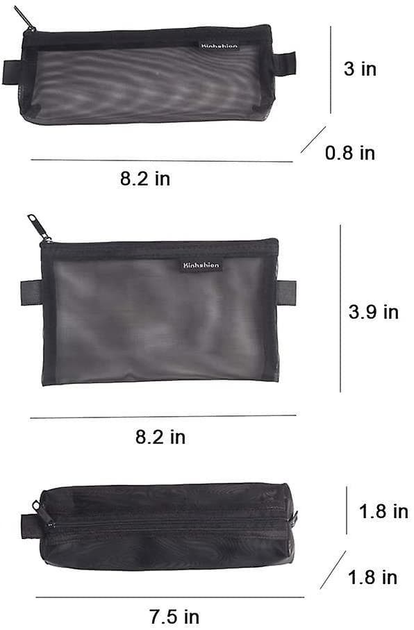 3pcs Multifunctional Mesh Pen Bag Pencil Case Makeup Tool Bag Storage Pouch Purse Mix-black