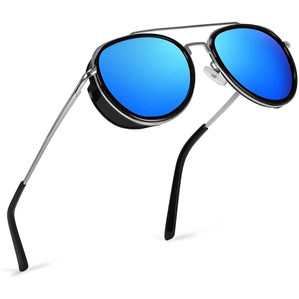 Retro Steam Punk Sunglasses Round Steampunk Double Bridge Aviator Glasses For Women Men B2822 Blue Lens