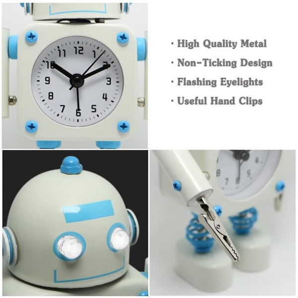 Non-ticking Robot Alarm Clock Stainless Metal - Wake-up Clock With Flashing Eye Lights And Hand Clip (white)