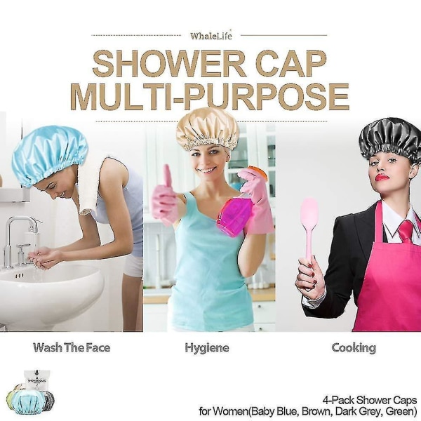 Shower Cap, Reusable Extra Large Shower Caps, Satin Double Layer Eva Waterproof Long Hair Caps(, Brown, Dark Grey, Green 4 Pack)