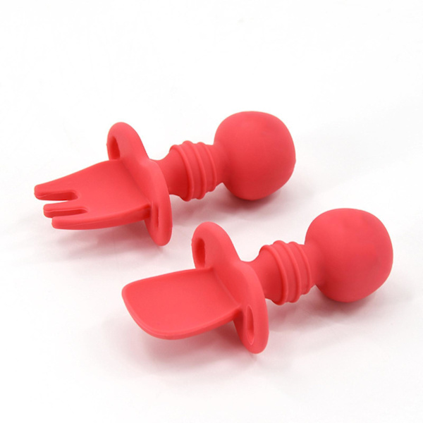 Silicone Spoon Fork Set Baby Self Feeding Utensils Practical Infant Training Red