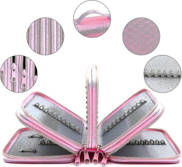 72 Slots 4-layer Zipper Pencil Case With Handle Strap, Oxford Fabric pink
