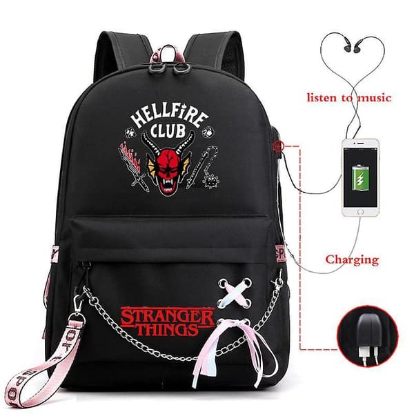 Stranger Things Hellfire Club Large-capacity School Bag Usb Charging Backpack Black 4
