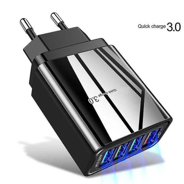 Bærbar Quick Charge 3.0 4-usb-porter 3.1a Reise Smart Adapter Telefonlader Black UK Plug