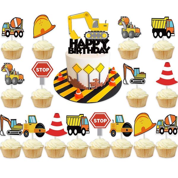 Engineering Vehicle Theme Pull Flag Cake Card 30pcs Balloon Set Excavator Banner Party Decoration Supplies
