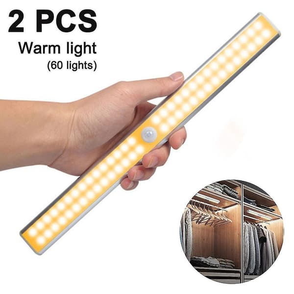 2 Pakke Led Skaplys, 60 Led Oppladbart Bevegelsessensorlys