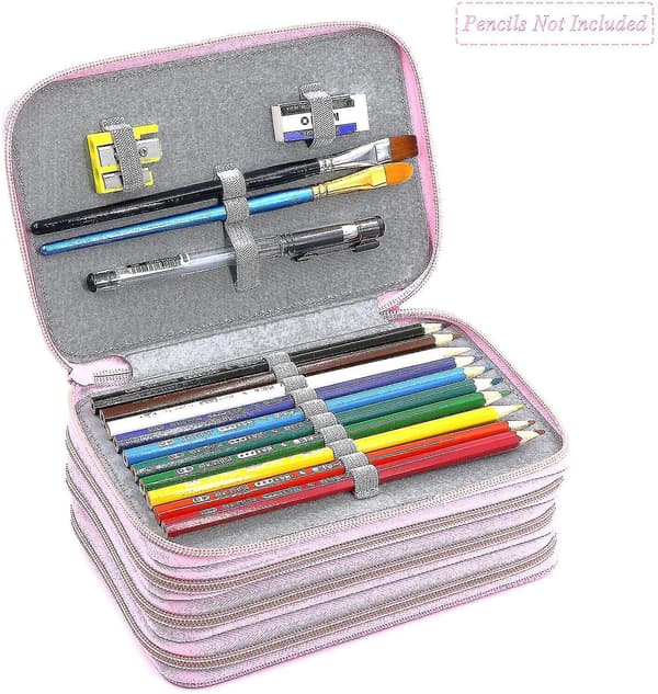 72 Slots 4-layer Zipper Pencil Case With Handle Strap, Oxford Fabric pink