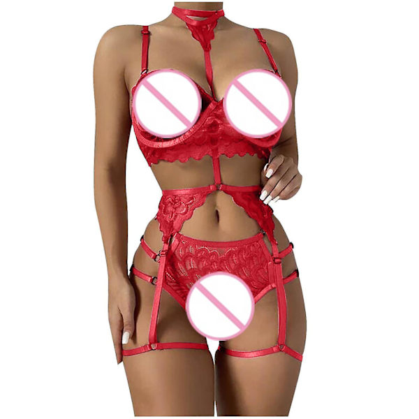 Women Sexy Solid Color Bralette Panty Strappy Lace Embroidery Lingerie Set Red XL