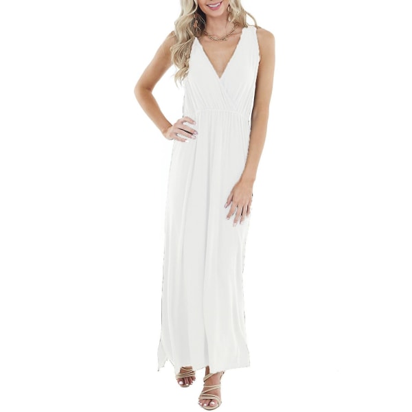 Ladies Sleeveless Deep V-neck Loose Solid Color Long Casual Backless Dress White L