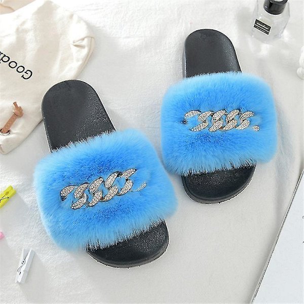 Women's Fluffy Faux Fur Slippers Comfy Open Toe Slides With Fle BLUE 36