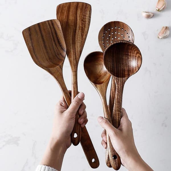 7pcs/set Teak Natural Wood Tableware Spoon Ladle Turner Rice