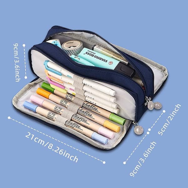Large Pencil Case Pencil Pouch Canvas Stationery Bag With 3 Compartments For Students Navy Blue