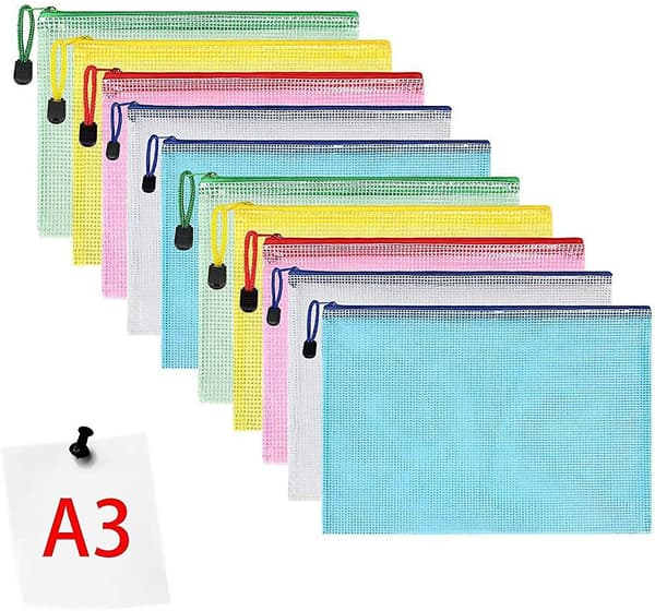 Document Pocket A3, 10 Pieces A3 File Zippered Pockets, Mesh Plastic Zippered