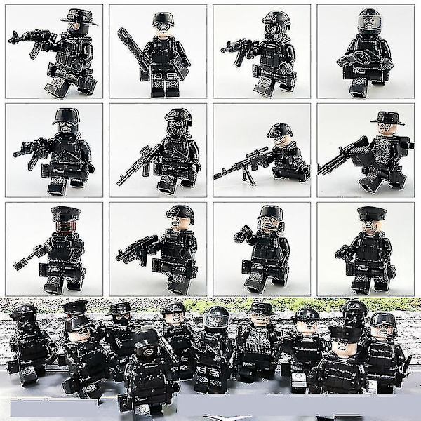 12 stk. Sort Swat Politi Minifigur Byggeklods Tilbehør Militær Legetøj
