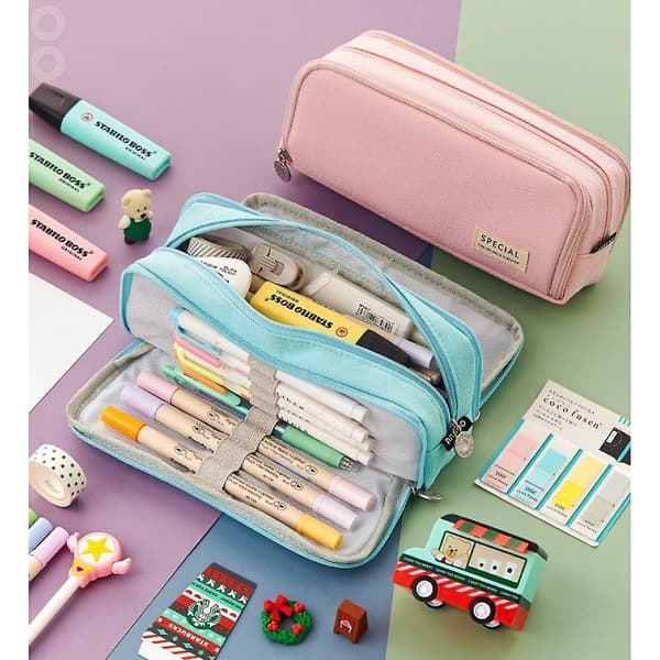 Large Pencil Case Big Capacity 3 Compartments Canvas Pencil Pouch For Students Blue 2