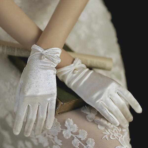 short Satin Bridal Gloves Women Vinatge Stretchy Gloves Wrist Length With Pearl