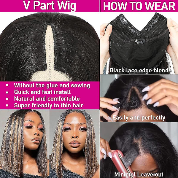 Ombre V Part Wig Human Hair No Leave Out Blonde Highlight V Part Bob Wig Upgrade Thin U Part Wig No Glue Brazilian Straight Short Bob Wig Colored Brow