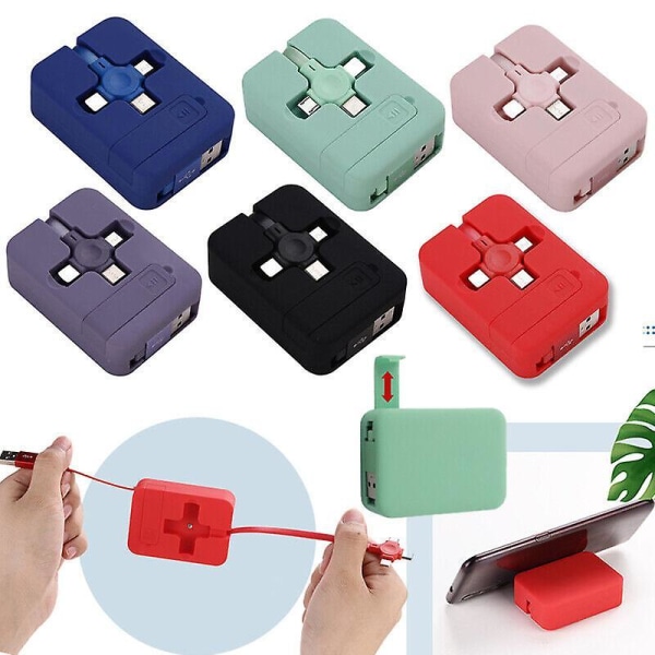 4 In 1 Retractable Usb Charger Data Cable W/ Phone Stand Type C Micro Usb Cable Pink