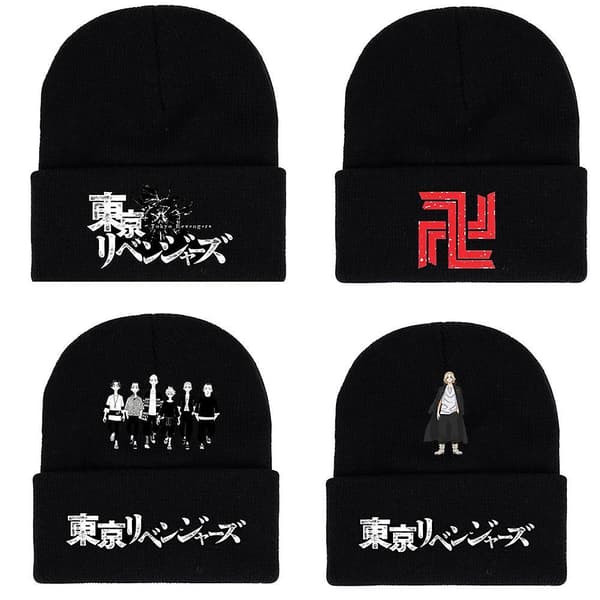 Tokyo Avengers Hat Anime Knitted Hat Black Printed Wool Hat Winter Warm Ear Hat Style-3