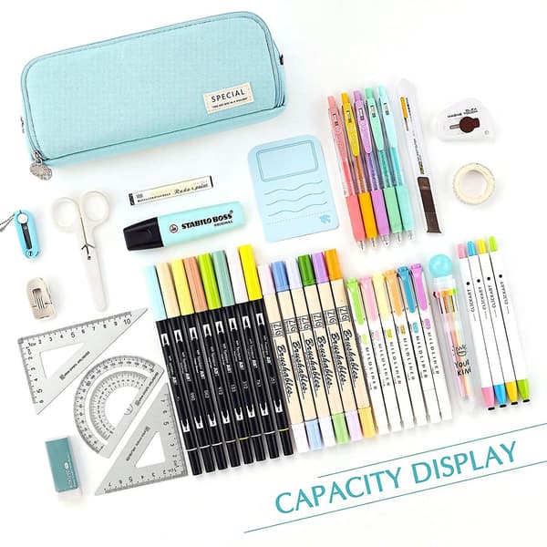 Large Pencil Case Big Capacity 3 Compartments Canvas Pencil Pouch For Students blue