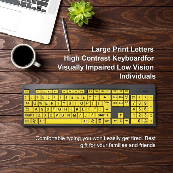 Large Print Computer Keyboard, Wired Usb High Contrast Keyboard With Oversized Print Letters For Visually Impaired Low Vision Individuals (ye