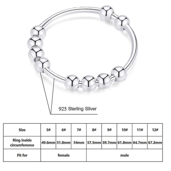 925 Sterling Silver Anti Anxiety Ring For Women Men Fidget Rings For Anxiety Anxiety Ring With Beads Spinner Ring For Anxiety Spinning Ring 12