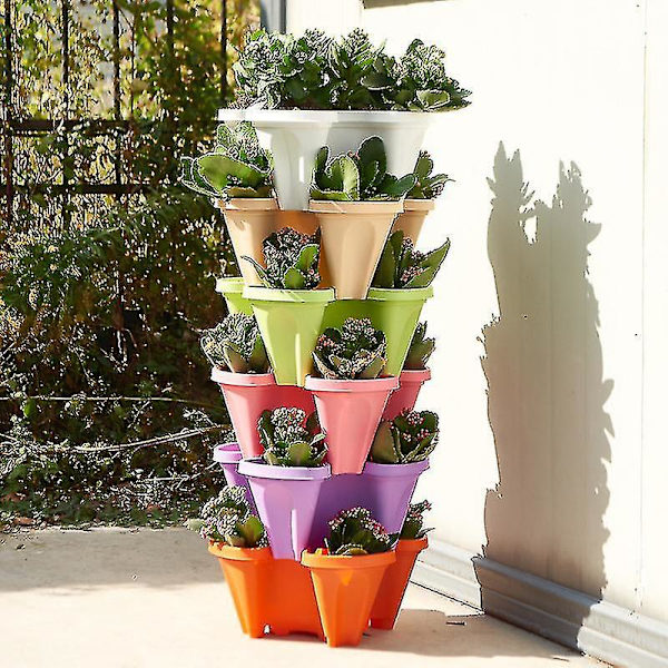 3pcs Stack-up Type Stereoscopic Flower Pot Plastic Stackable Vertical Flower Plant Pot For Beige