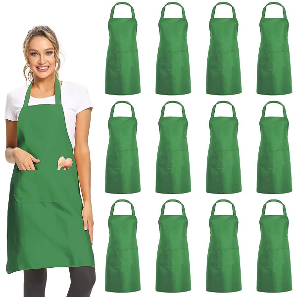 12 Pack Plain Bib Aprons With 2 Pockets - Green Unisex Commercial Apron Bulk For Kitchen Cooking Restaurant Bbq Painting Crafting