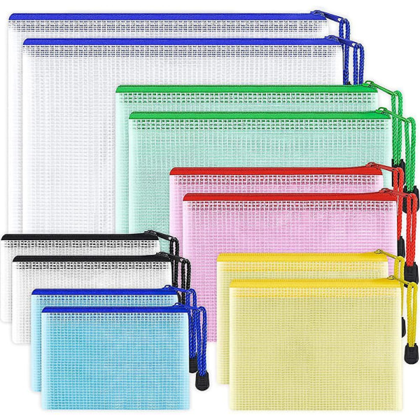 12pcs Mesh Zipper Pouch Document Bag, A3 Plastic Zip Wallet File Folders