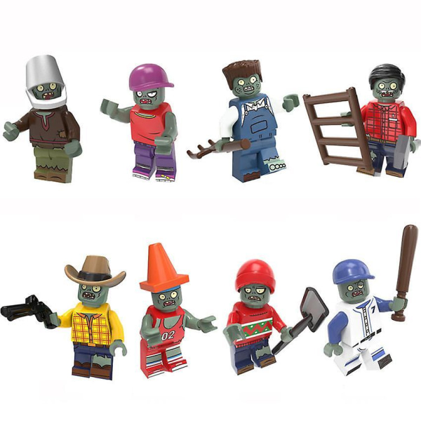 8pcs Plants Vs. Zombies Series Repairer Iron Bucket Farmer Zombie Assembled Building Block Miniature Toy