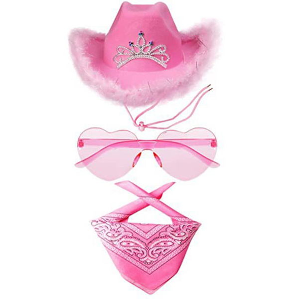 Cowboy Hats Western Cowgirl Hat Bandanna Glasses Unisex Cowboy Hat Halloween Costume Cosplay Dress Party Accessories Pink Hat*Glasses*Square Towel