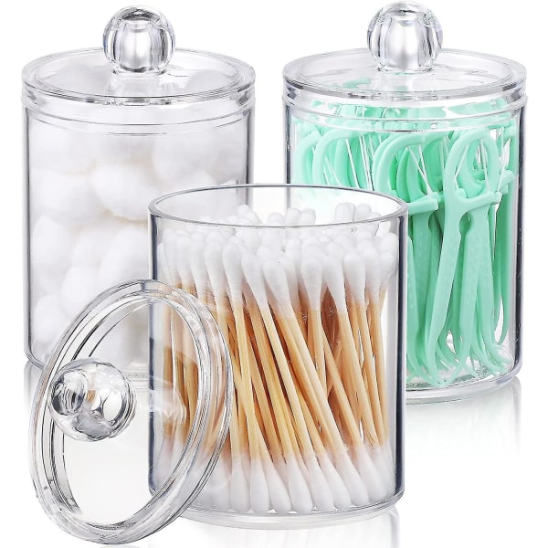 4 Pack Qtip Holder Dispenser For Cotton Ball, Cotton Swab, Cotton Round Pads, Floss - 10 Oz Clear Plastic Apothecary Jar Set For Bathroom Canister Sto