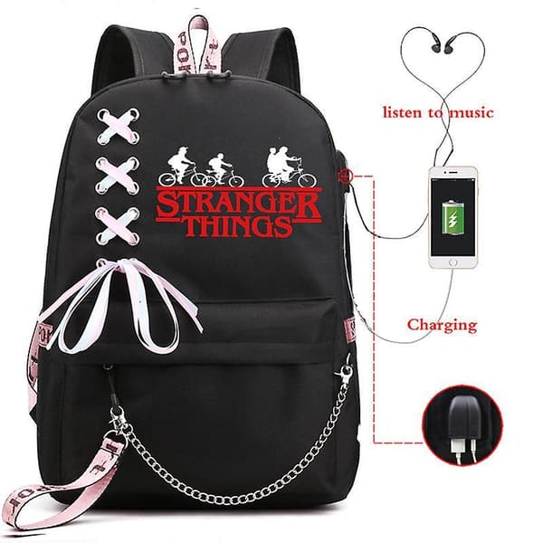 Stranger Things Hellfire Club Large-capacity School Bag Usb Charging Backpack Black 6