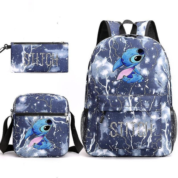 Lilo &amp; Stitch Stitch Backpack Three-piece Set School Bag Lightning blue