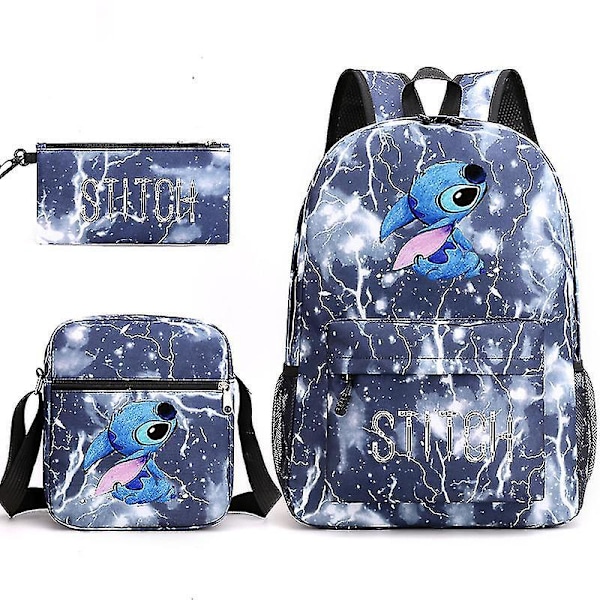 Lilo &amp; Stitch Stitch Backpack Three-piece Set School Bag Lightning blue