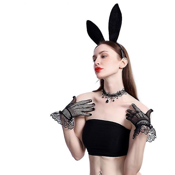 Bunny Headband Lace Gloves Women Masquerade Rabbit Headpiece Bl