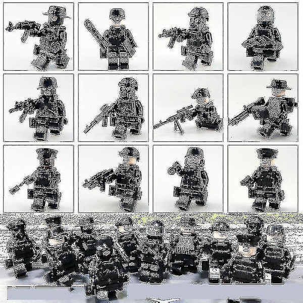 12 stk. Sort Swat Politi Minifigur Byggeklods Tilbehør Militær Legetøj