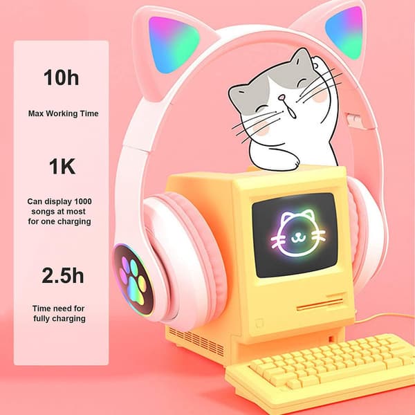 Bluetooth 5.0 Children Cat Ear Led Glowing Wireless Headset Noise Reduction Headset Pink