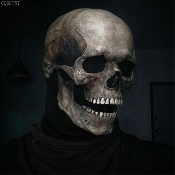 Movable Jaw Skull Mask Helmet Halloween Party Prop Latex Headgear Grey