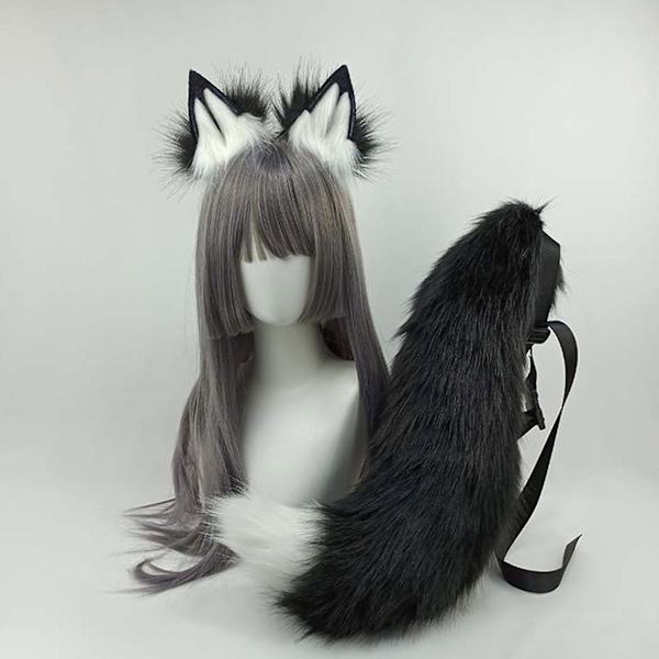 Plush Wolf Tail And Headhoop For Cosplay Halloween Party Costume For Women Black gray wolf tail